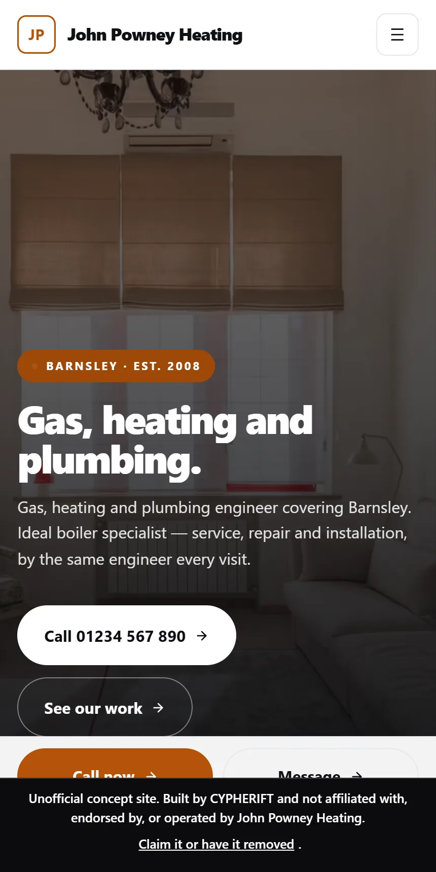 The John Powney Heating demo site we built, shown on a phone
