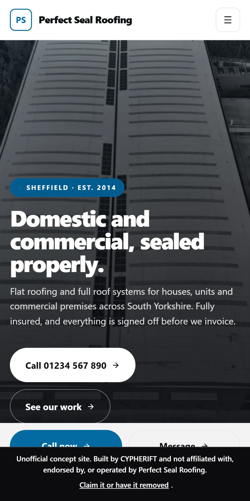 The Perfect Seal Roofing demo site we built, shown on a phone