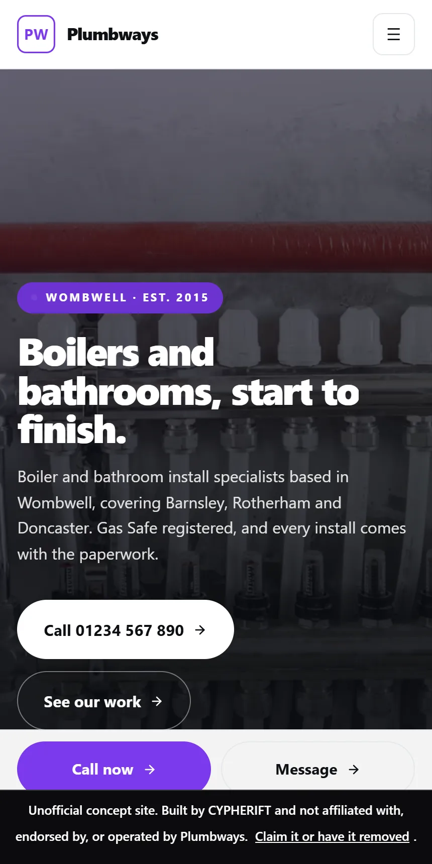 The Plumbways demo site we built, shown on a phone