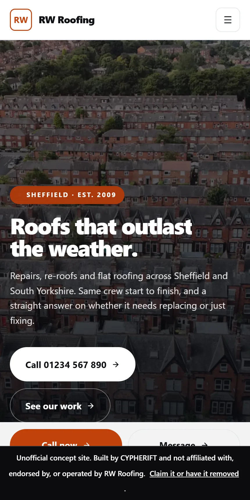 The RW Roofing demo site we built, shown on a phone