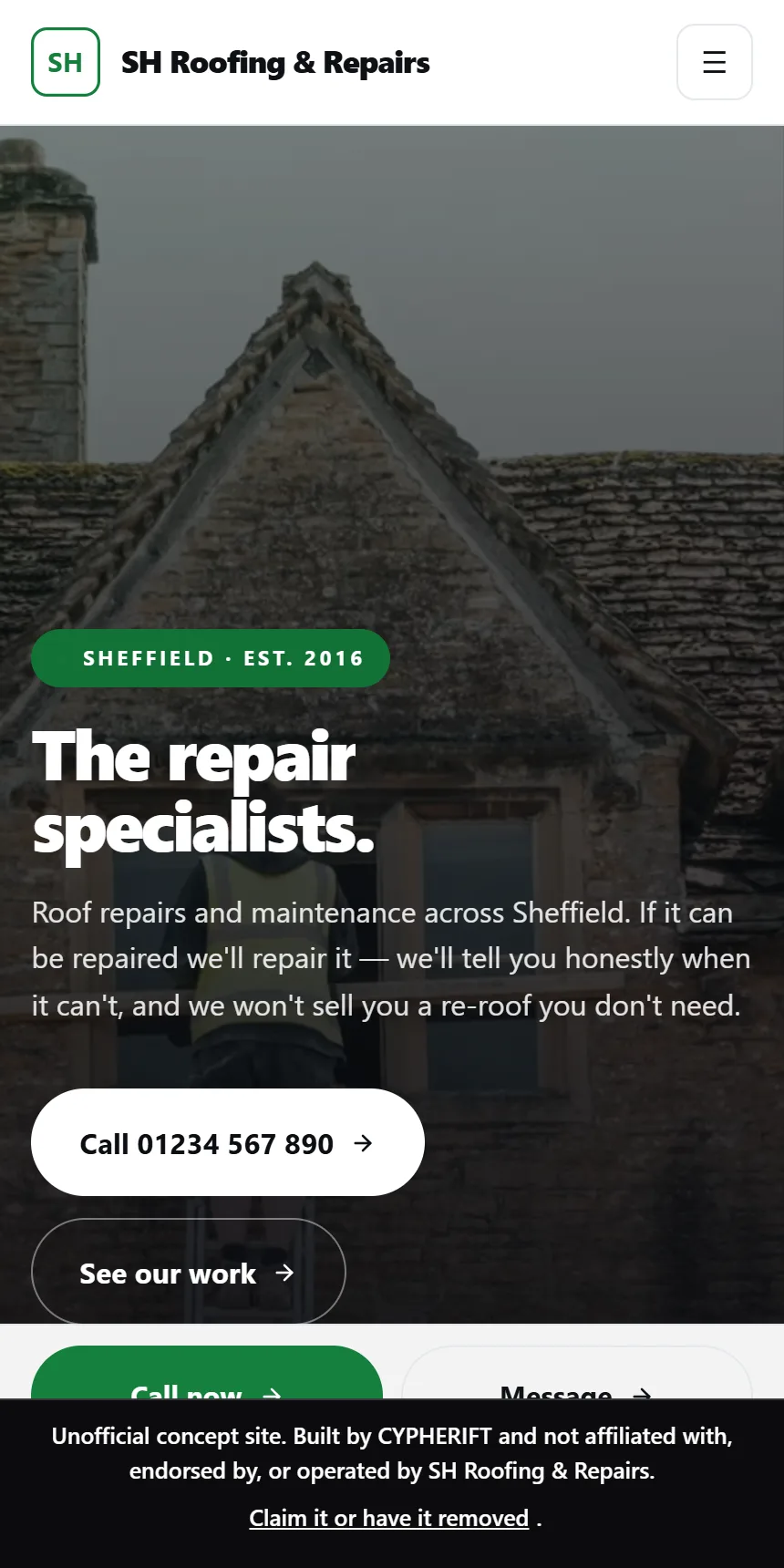 The SH Roofing & Repairs demo site we built, shown on a phone